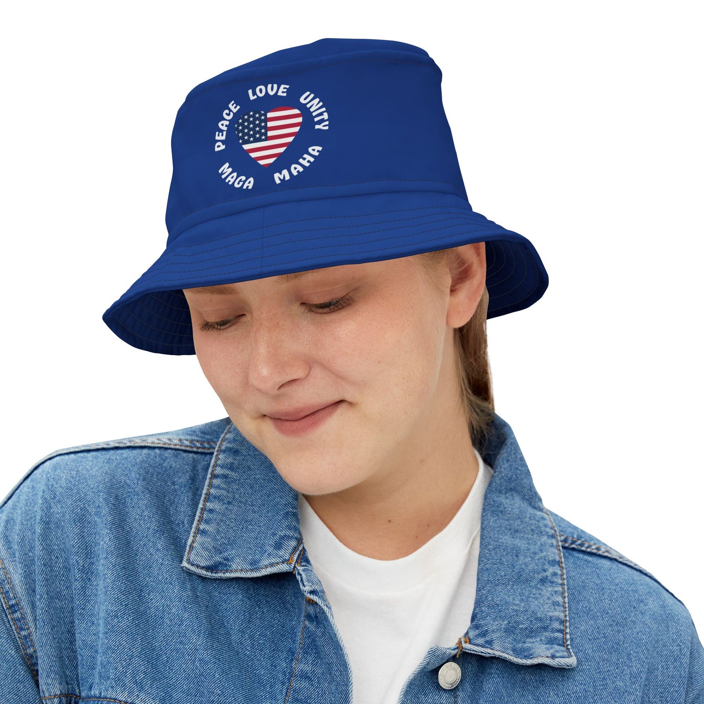 PEACE LOVE UNITY MAGA MAHA Bucket Hat (blue)