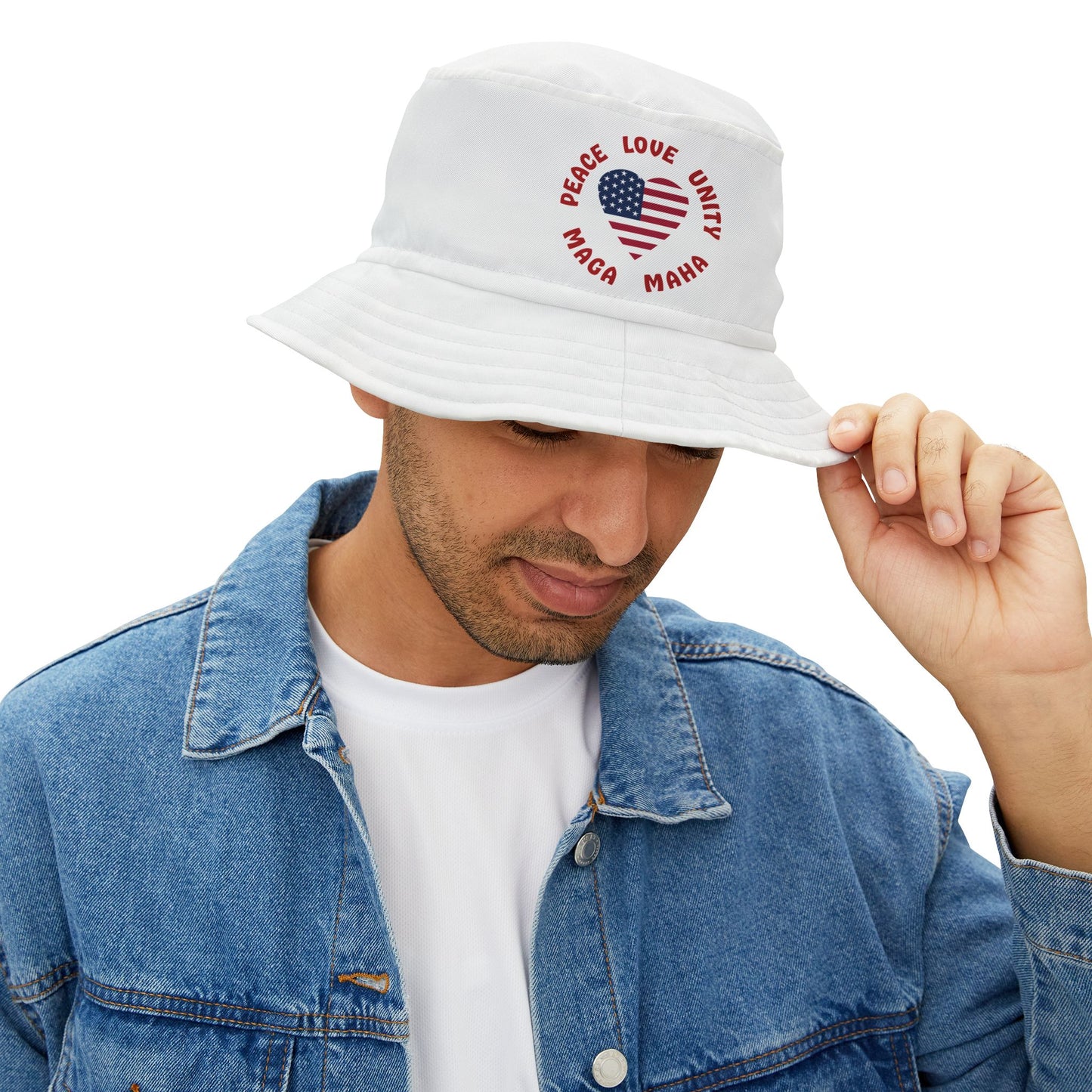 PEACE LOVE UNITY MAGA MAHA Bucket Hat (white)