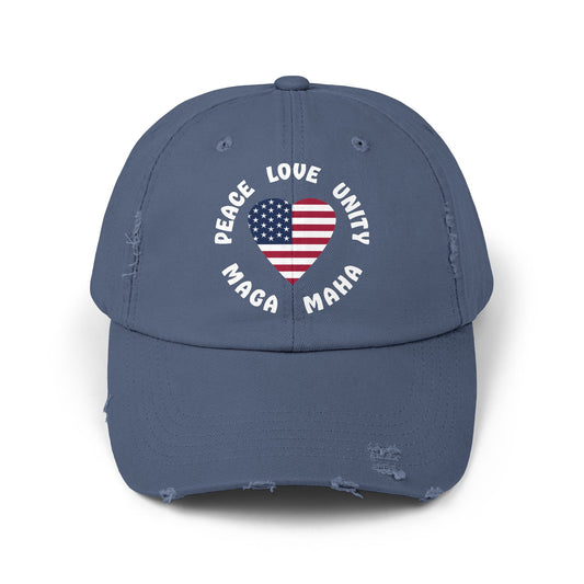 PEACE LOVE UNITY MAGA MAHA Distressed Cap