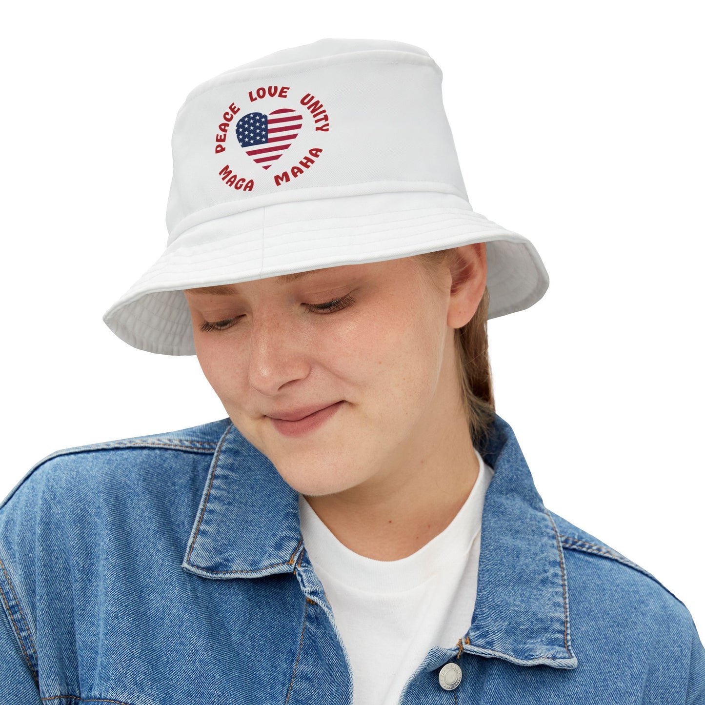 PEACE LOVE UNITY MAGA MAHA Bucket Hat (white)